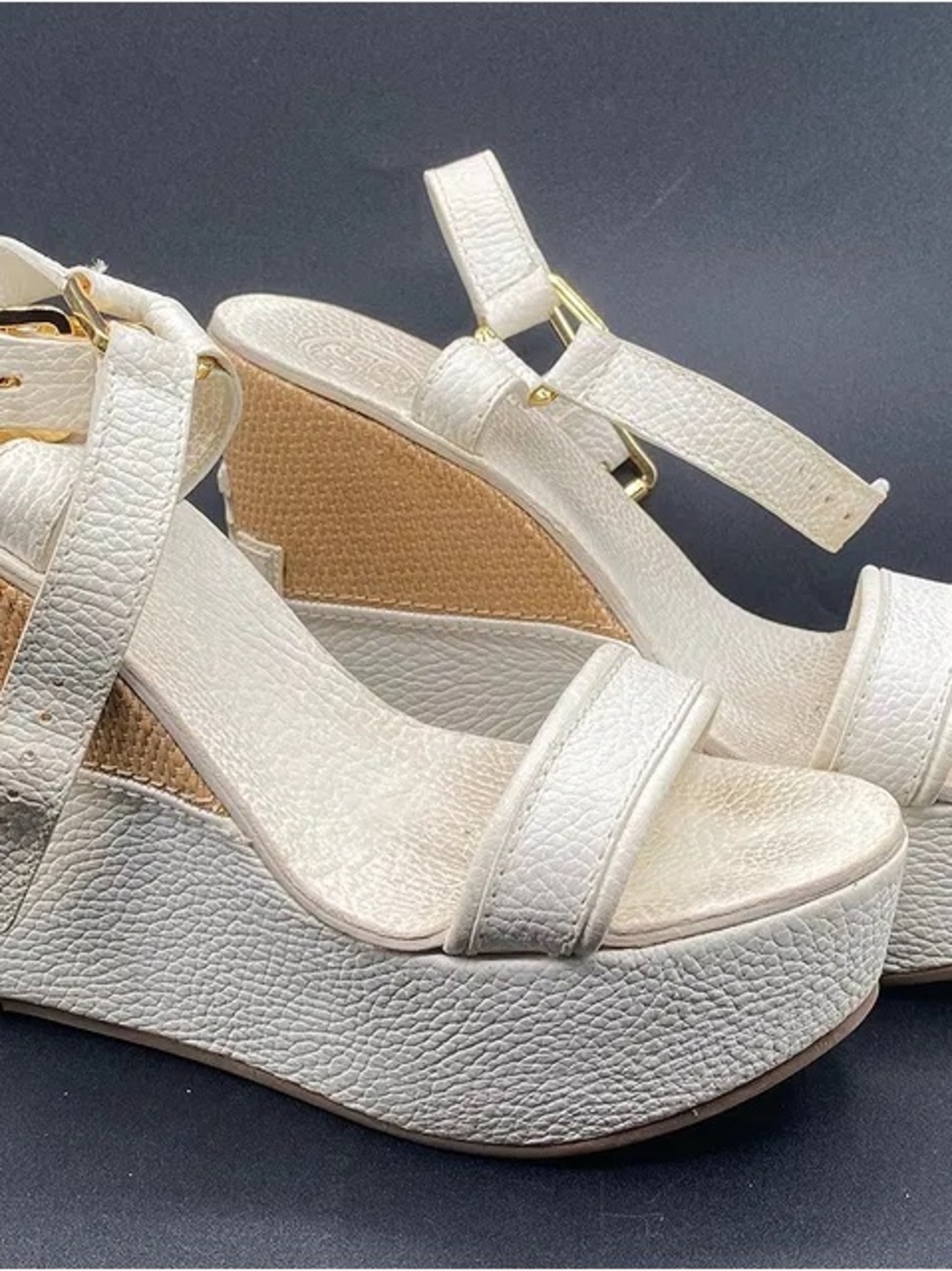 Tory Burch Cream Textured Platform Wedge Sandals